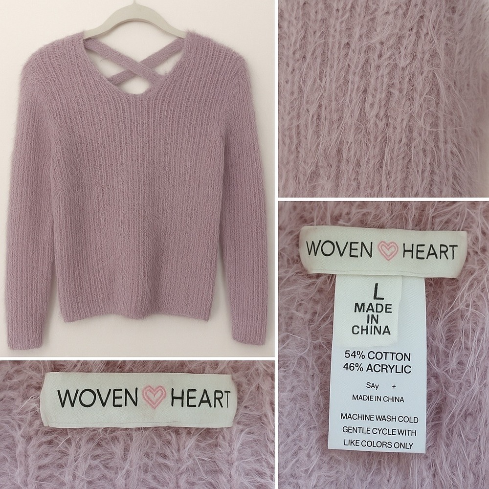 Woven Heart Fuzzy Sweater Sz L Women's Crisscross Back Soft Cozy Lavender